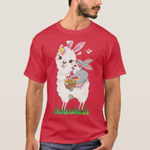 T-shirt Lapin Mignon à Cheval sur un Lama Tenant un Panier