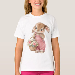 T-shirt Lapin Mignon en Salopette Rose Fleurs de Printemp