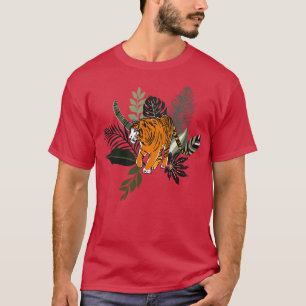T-shirt L'art du tigre coloré avec des feuilles tropicaux 
