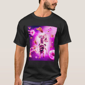 T-shirt Laser Eyes Space Cat Riding Dog Pug  Rainbow