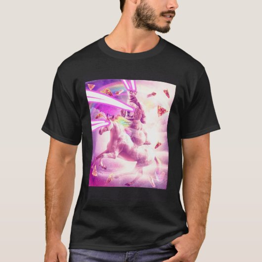 T-shirt Laser Eyes Space Cat Riding Dog Unicorn  Rainbow (Devant)