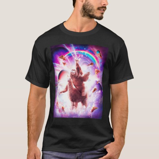 T-shirt Laser Eyes Space Cat Riding Sloth Blade Rainbow (Devant)