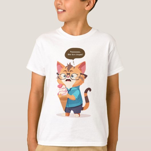T-shirt Le chat est choqué quand sa crème glacée tombe. T- (Devant)