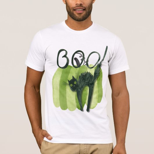 T-shirt Le chat ! se cachant devant un citrouille vert. (Devant)