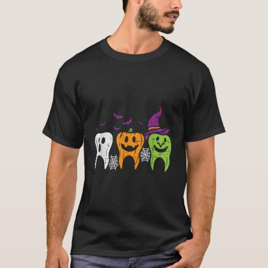 T-shirt Le Citrouille fantôme sorcier Dental Halloween Den (Devant)