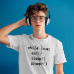 T-shirt Le codage AI<br><div class="desc">Pour l'ingénieur rapide qui vit dans une boucle interminable de caféine et de créativité, ce t-shirt IA minimaliste cloue la vie de codeur. Avec l’expression True : eat(); sleep(); prompt(); dans la police de style pixel, c’est parfait pour les développeurs, les amateurs de technologie et tous ceux qui se trouvent...</div>