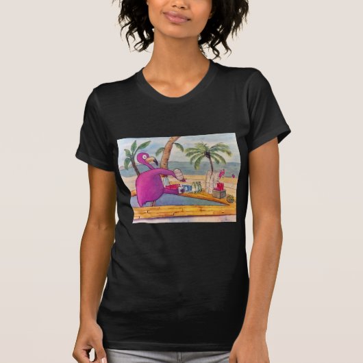 T-shirt Le Flamant rose rose lunatique verse la plage de (Devant)
