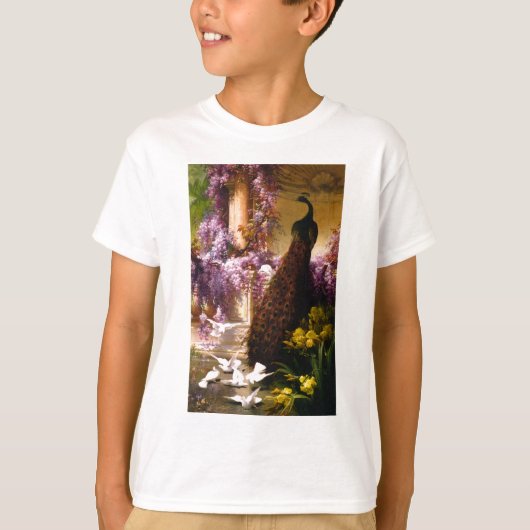 T-shirt Le paon et les colombes dans un jardin (Devant)