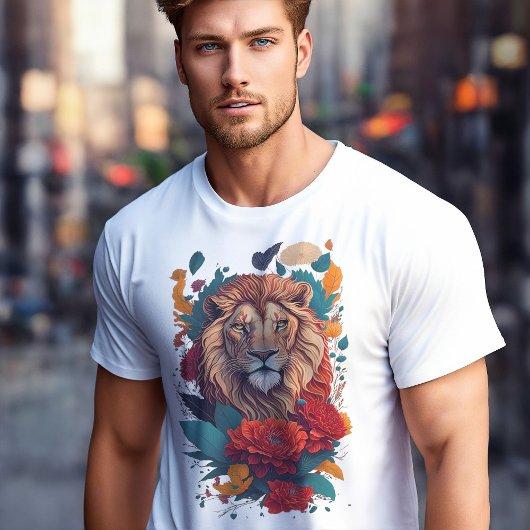 T-shirt Le Roi du Paradis : avec un lion et des fleurs