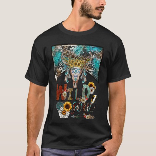 T-shirt Leopard Boho Bull Skull Wild Soul Hippie Western C (Devant)