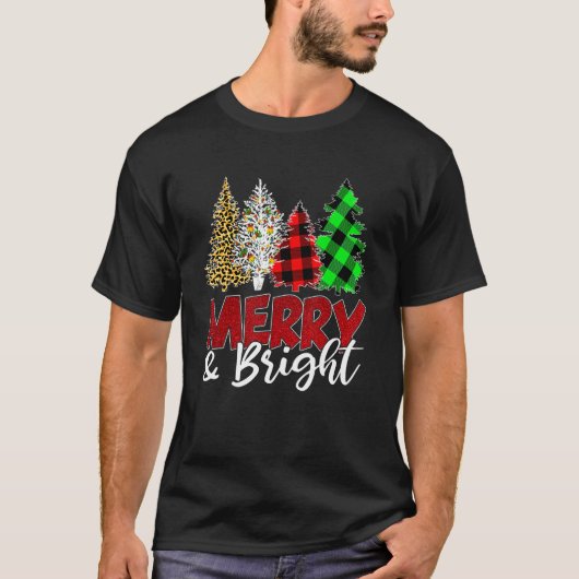 T-shirt Leopard Buffalo Plaid Merry And Bright Christmas T (Devant)
