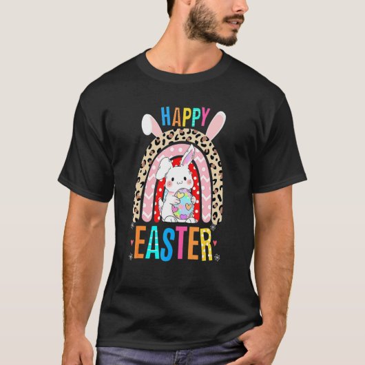T-shirt Leopard Easter Rainbow Bunny Rabbit Trio mignonne  (Devant)