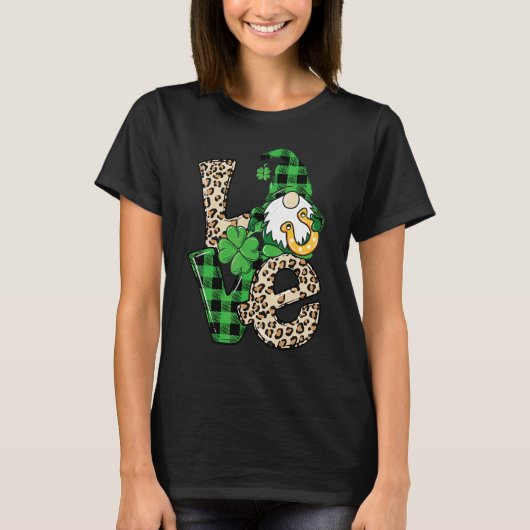 T-shirt Leopard Love Gnome Lucky Shamrock St Patrick's Day (Devant)