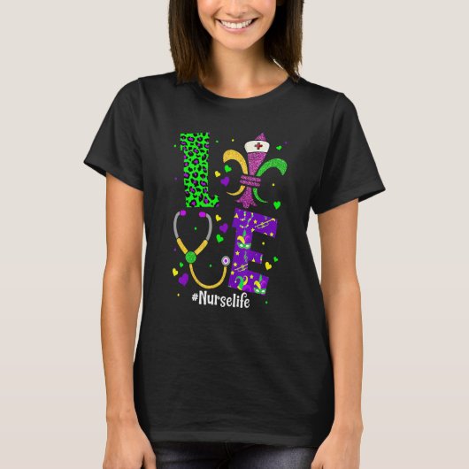 T-shirt Leopard Love Nurse Life Scrub Nurse Mardi Gras W (Devant)