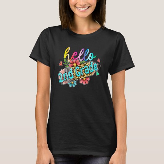 T-shirt Leopard Pencil Hello 2nd Grade Back To School Kids (Devant)