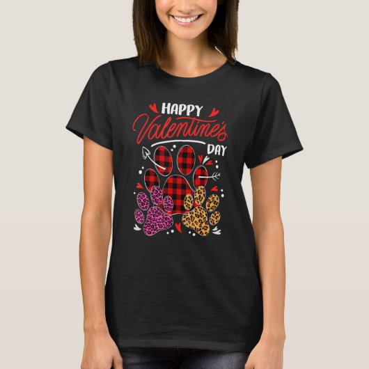 T-shirt Leopard Plaid Dog Cat Paw Print Happy Valentines D (Devant)