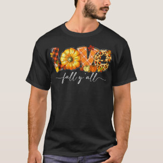 T-shirt Leopard Plaid Love Fall Y'all Feuilles Citrouilles