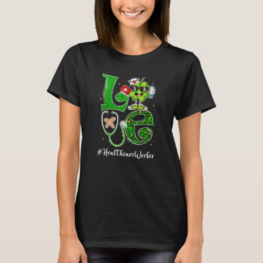 T-shirt Leopard Shamrock Love Healthcare Worker St Patrick (Devant)