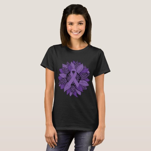 T-shirt Leopard Tournesol violet Ribbon Fibromyalgie Aware (Devant entier)