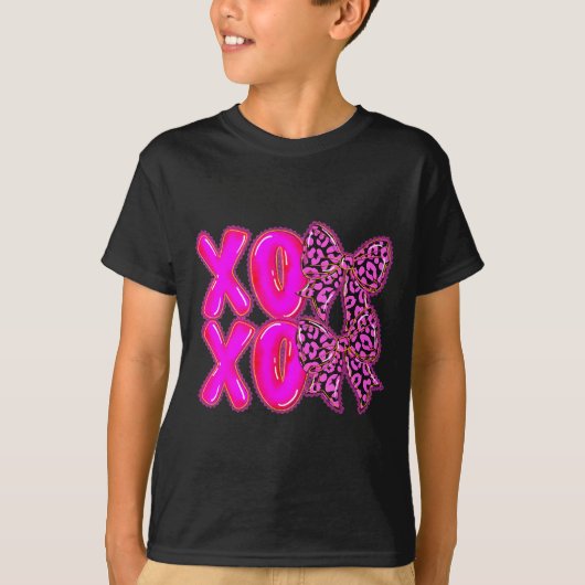 T-shirt Leopard Xoxo Coquette Bow Hearts Valentine's Day W (Devant)
