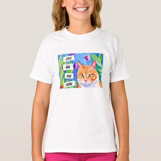 T-shirt Les chats sont ma tribu | Chat orange et fleurs (Devant)