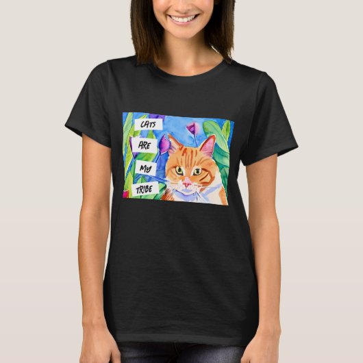 T-shirt Les chats sont ma tribu | Chat orange et fleurs (Devant)