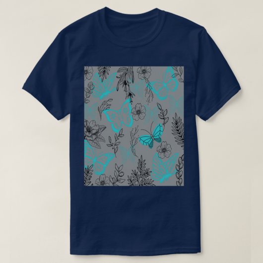 T-shirt Les papillons bleu marine dans la forêt gris ultim (Design devant)