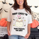 T-shirt Les Plus Probables De Rapprocher Halloween Enseign<br><div class="desc">Voici notre T-shirt "Les plus probables" pour l'Halloween Ghost Teacher, le mélange parfait de plaisir éffrayant et de style personnalisé pour cette saison d'Halloween. Cette chemise à thème rétro présente un personnage fantôme adorable, avec un arc rose, lisant un livre, ce qui en fait un cadeau idéal pour les enseignants...</div>