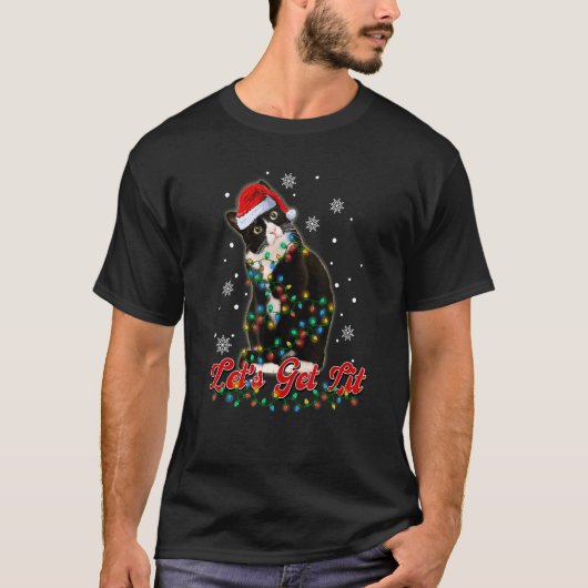 T-shirt Let's Get Lit Cute Black Cat Christmas Tree Light (Devant)
