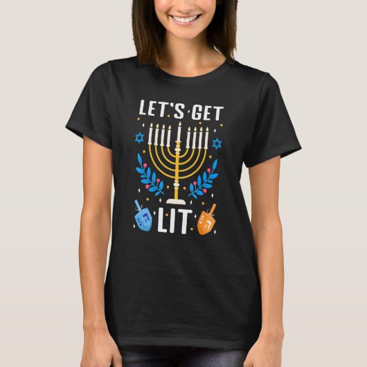 T-shirt Let's Get Lit Hanukkah Jewish Menorah Holiday Chan (Devant)