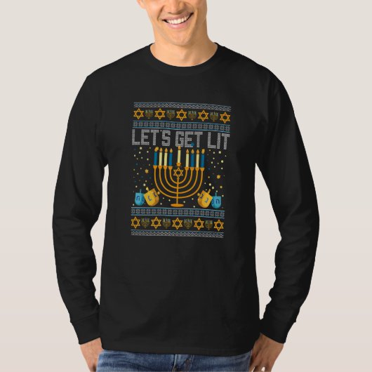 T-shirt Lets Get Lit Menorah Jewish Pun Ugly Hanukkah Chan (Devant)