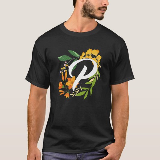 T-shirt Letter P Capital Alphabet Flowers Monogram Initial (Devant)
