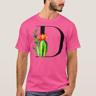 T-shirt Lettre alphabétique D avec cactus d'aquarelle et q