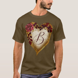 T-shirt Lettre B Rouge Vintage rose et Coeur feuille d'or