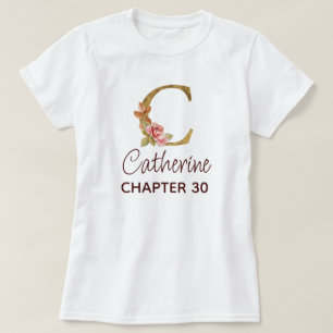 T-shirt Lettre C Monogramme Or Roses Rose Foncé Anniversai