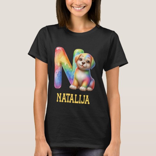 T-shirt Lettre Chiens mignons Natalija Nom Chien arc-en-ci (Devant)