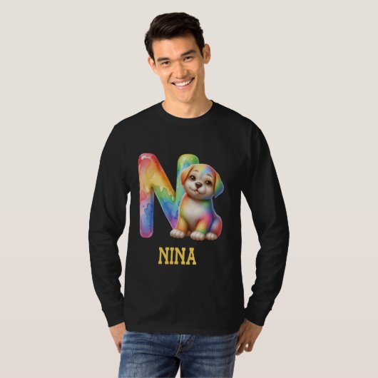T-shirt Lettre Chiens mignons Nina Nom Chien arc-en-ciel (Devant entier)
