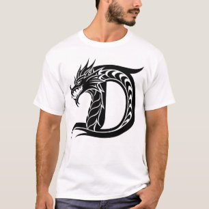 T-shirt Lettre D de style dragon, alphabet du dragon, mono