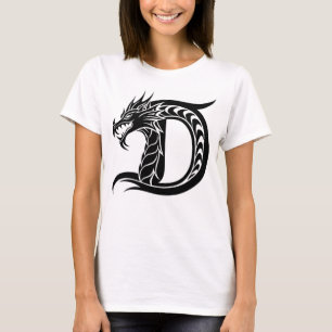 T-shirt Lettre D de style dragon, alphabet du dragon, mono