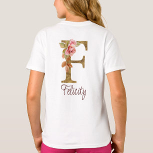 T-shirt Lettre de nom personnalisée F Roses roses blush en