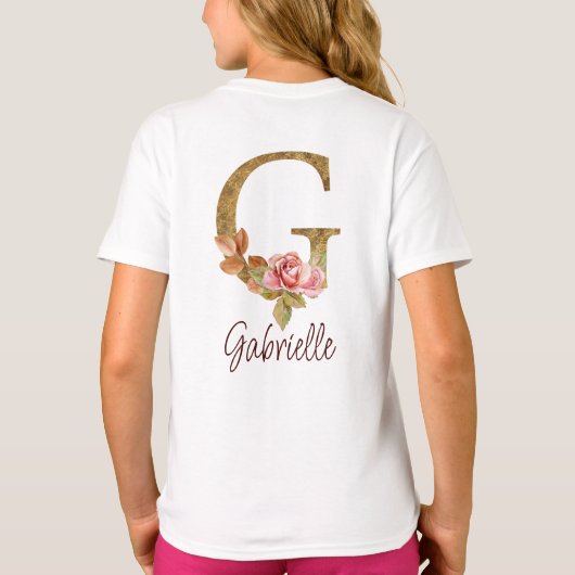 T-shirt Lettre de nom personnalisée G Rose rose blush feui (Dos)