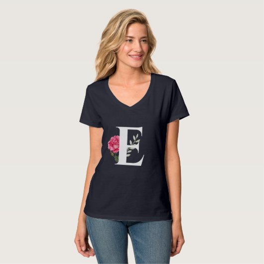 T-shirt Lettre initiale E Monogramme rose blanche (Devant entier)
