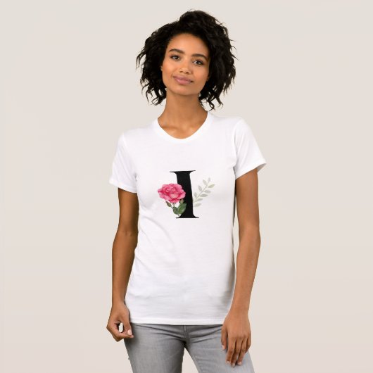T-shirt Lettre initiale Monogramme I en noir avec rose ros (Devant entier)