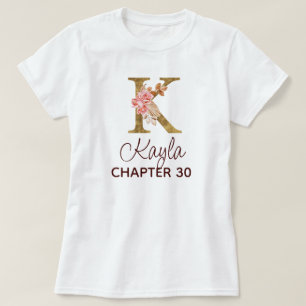 T-shirt Lettre K Monogramme Or Roses Rose Pâle Anniversair