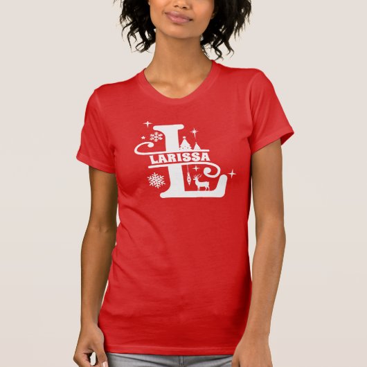 T-shirt Lettre L Noël Monogramme Nom initial Rouge (Devant)