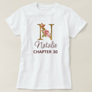 T-shirt Lettre N Monogramme Or Roses Rose Naissance