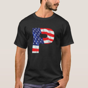 T-shirt Lettre P Majuscule Alphabet Usa American Flag Mono