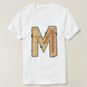 T-shirt Lettre Rurale M Texture de Burlap Monogramme Blanc