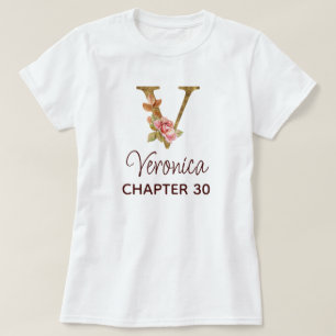 T-shirt Lettre V Monogramme Or Roses Rose Foncé Anniversai