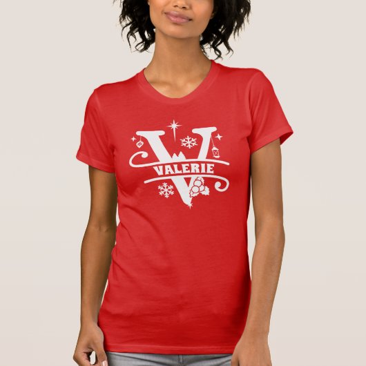 T-shirt Lettre V Noël Monogramme Nom initial Rouge (Devant)